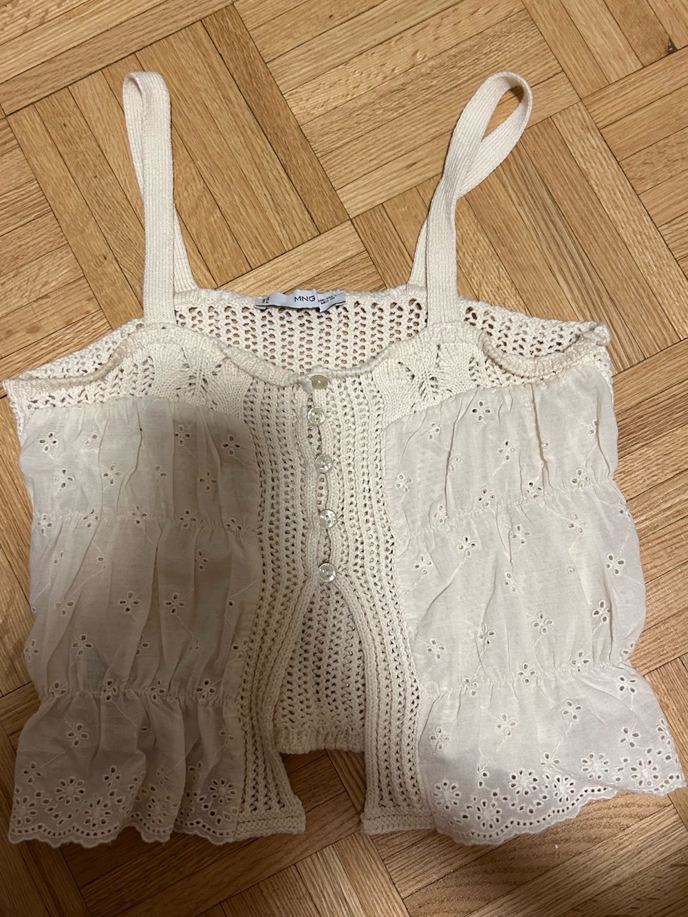 Mango Cream Eyelet & Crochet Button-Front Top